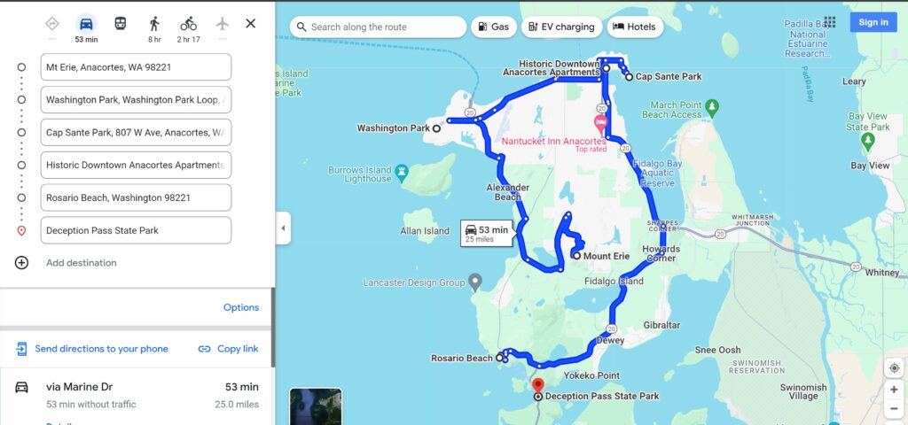 Google map showing things to do in Aancortes on a day trip from Seattle - Mt. Erie, Washington Park, Cap Sante Marina, Rosario Beach, Deception Pass State Park