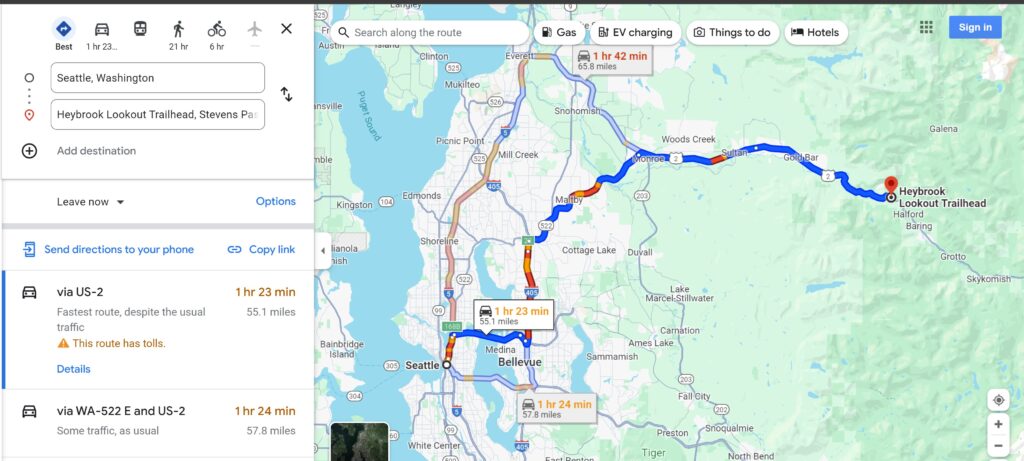 Google Map showing drive from Seattle to Heybrook Lookout trailhead