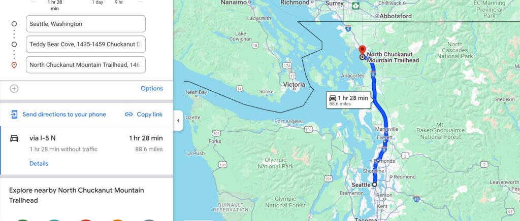 Google map showing driving directions to Teddy Bear Cove from Seattle